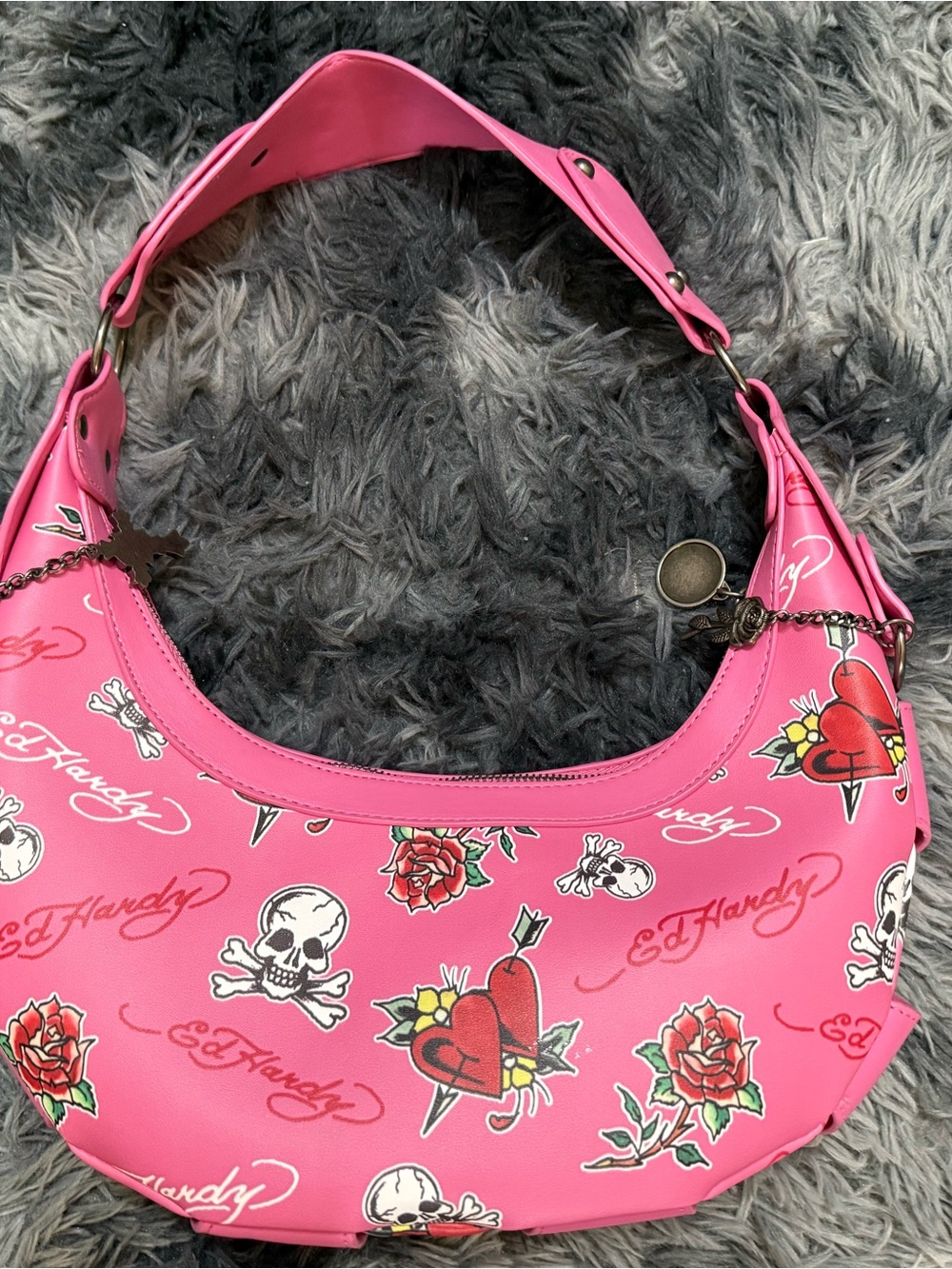 Ed Hardy Hot Pink Tattoo-Print Shoulder Bag